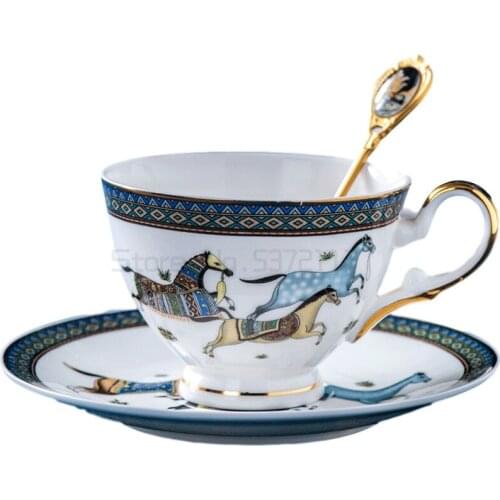 Europe Court Bone China Coffee Cup Saucer Spoon Set 200ml Luxury Ceramic Mug Top-grade Porcelain Tea Cup Cafe Party Drinkware