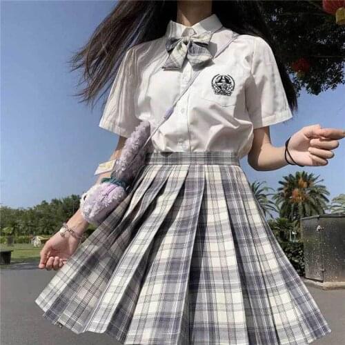 2021 Summer New School Girl Uniform White Shirt and Plaid Pleated Skirt Japanese Kawaii High Waist Skirt Uniform Set Y2k Women