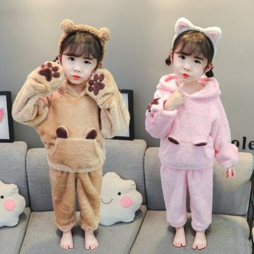 Autumn and Winter New Warm Thick Childrens Pajamas Baby Flannel Boys and Girls Cute Suit Kids Baby Coral Fleece Home Service