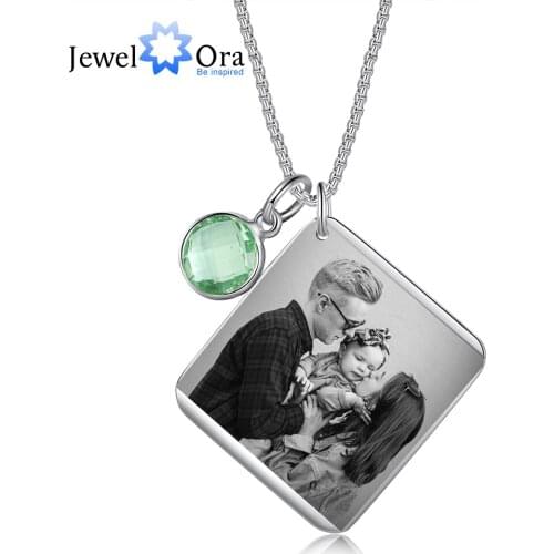 JewelOra Customized Birthstone Calendar Date Engraved Necklace Personalized Photo Pendant Necklaces for Women Unique Gifts