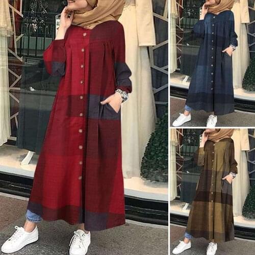 ZANZEA 2021 Retro Check Shirt Dress Womens Autumn Sundress Casual Muslim Abaya Dresses Female Button Maxi Vestidos Plus Size