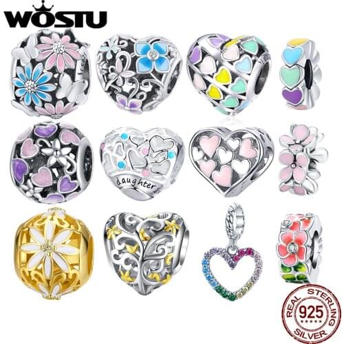 WOSTU Authentic 925 Sterling Silver Colorful Heart Beads Charms Pendant Fit Bracelets Women Party DIY Fine Jewelry Gift Making