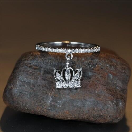Luxury Crystal Queen Crown Pendant Ring Dainty Gold Silver Color Wedding Ring Geometric Small Stone White Zircon Rings For Women