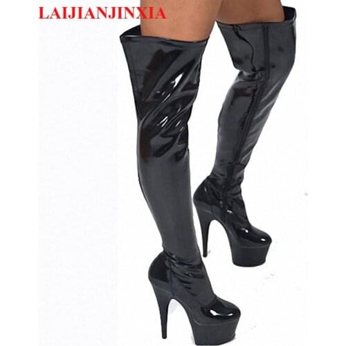 LAIJIANJINXIA black 15cm high heel boots for women zipper motorcycle boots Hand Made High Heel Shoes tall sexy pole dancing boot
