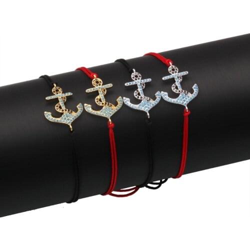 Blue Cubic Zirconia Crystals Copper Anchor Charm Bracelet For Women Nautical CZ Stonses Red String Trendy Marine Jewelry Gift He