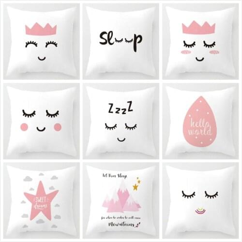Nordic Children Cushion Cover Pink Crown Eyelash Cartoon Smile Sleep Sweet Eyelashes Cute Pillow Case Mountain For Room Decor