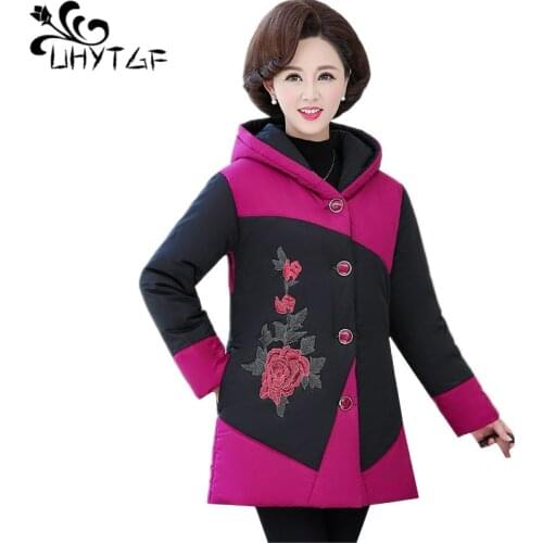 UHYTGF Middle-Aged Mother Autumn Winter Cotton Jacket Fashion Embroidered Hooded Casual Warm Parke Women 5XL Plus Size Coat 1104