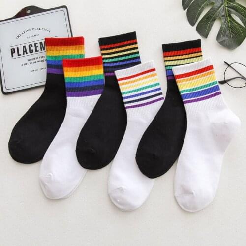 Unisex Stripes Mid Men Socks Harajuku Colorful Funny Socks Men 100 Cotton 1 Pair Kawaii Rainbow Color Size 35-42