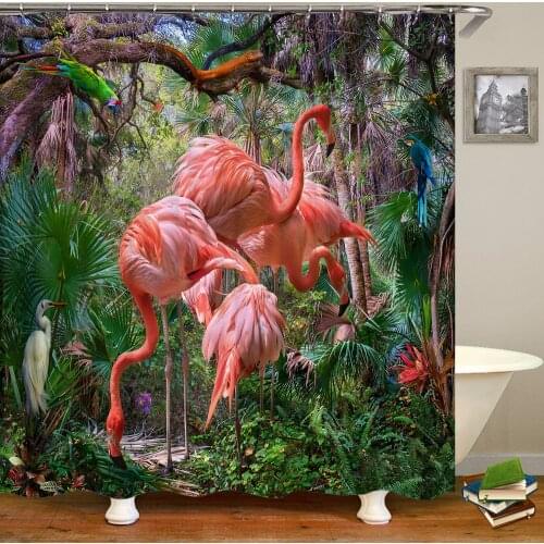 Flamingo Shower Curtains Green Leaf Bathroom Waterproof Polyester Fabric Printing Shower Curtain Decoration Bath Screen