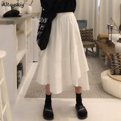 Skirts Women Simple Solid Leisure Loose Summer Korean Style Elastic Waist A-line Preppy Girls Irregular Fashion Streetwear BF