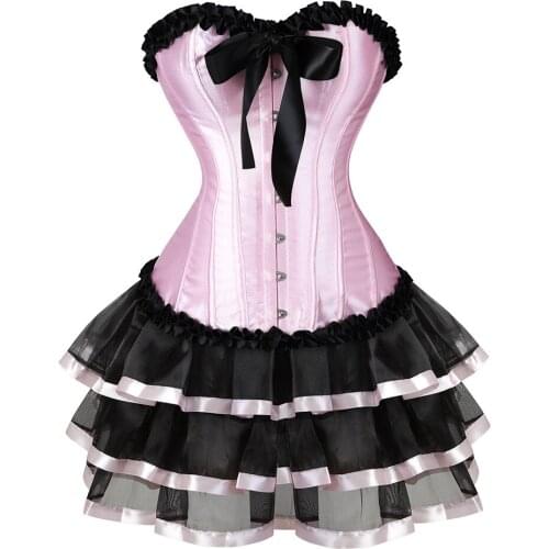 Women Sexy Satin Lace Overbust Corset Vintage Corset Dress Victorian Corset Mini Tutu Skirt Set Pink Bustier Plus Size S-6XL