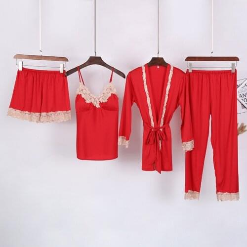 Women Silk Satin Sleepwear Set New Robe+Slip Top+Pant+Shorts 4 Pieces Lace Nightwear Summer Pajama Set ELegant Home Clothing