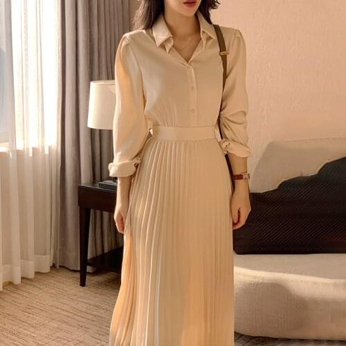 Elegant Lapel Single-Breasted Lace-Up Waist Dress For Women 2021 Summer Dress Korean Chic Office Ladies Dress Pleated Long Dress