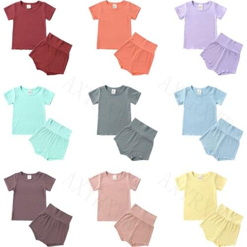 2 Pcs Children Summer Casual Knitted Outfits Toddler Kids Boy Girls Short Sleeve Round Neck Pullover T-shirts+High Waist Shorts