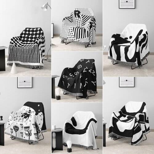 White and Black Series Geometry Throw Blanket Sofa Decorative Slipcover Stitching Blanket Rug Towel Tassel Blanket Couch