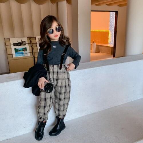 Girls Fashion Plaid Pants Kids Cotton Trousers Kids Overalls Pants camel black check girls pants