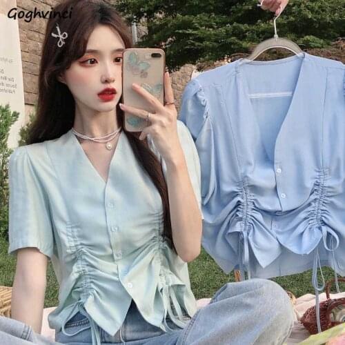 Shirring Solid Shirts Women V-neck Short sleeve Preppy Style Sweet Single Breasted Casual Daily Clothing Temperament Ladies Chic