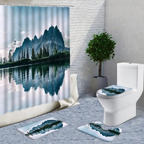Mountain Peaks And River Shower Curtain Sets 3D Forest Reflection Water Landscape Bathroom Curtains Hooks Bath Mats Rugs Toilet