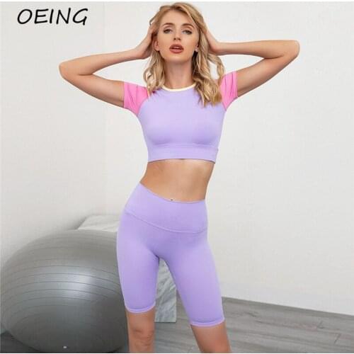 Fitness Yoga 2 Piece Sets Patchwork Short Sleeve Biker Shorts Suits Seamless Sport Jogging Set
