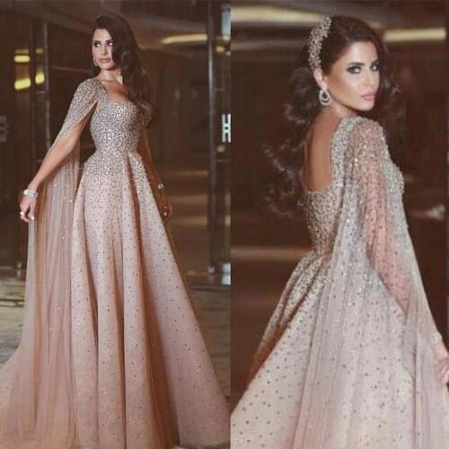 Beautiful Pale Blush Rose Pink Silver Heavy Beading Sweetheart Women Formal Evening Dresses Gowns with Cape