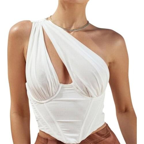 Women One Shoulder Tank Tops Sexy Sleeveless Solid Color Tanks Cutout Bustier Crop Tops Hollow Vest Top Summer Tops Club Wear
