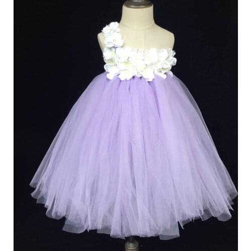 Cute Girls Lavender Tutu Dress Baby Fluffy Tulle Dress Long Ball Gown with White Flower and Headband Kids Wedding Party Dresses