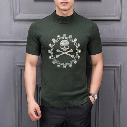 Hot Sale Mens Turtleneck Sweater Summer Short Sleeve Personality Slim Knit T-Shirt Winter Skull Pullover