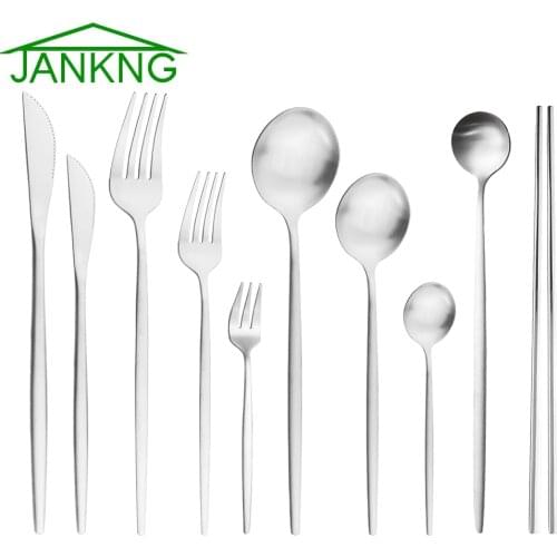 Silver Matte Dinnerware Sets 6Pcs Dinner Knife Fork Spoon Dessert Fork Stainless Steel Cutlery Set Flatware KitchenTableware Set