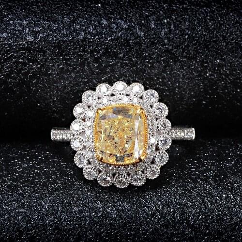 Solid 18K White Gold Yellow Moissanite Centre 1ct Cushion Ice Cut Ring Double Halo Round Moissanite Fine Gold Jewelry For Women