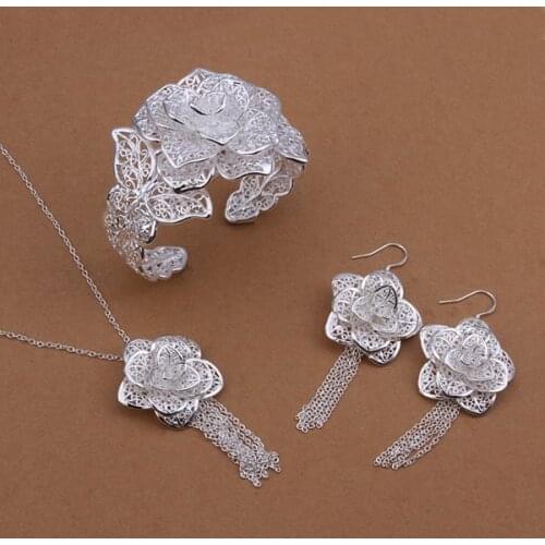 Wholesale Sterling 925 Silver Jewelry Set,925 Silver Fashion Jewelry,Flower Necklace+Bangle+Earring Set SMTS446