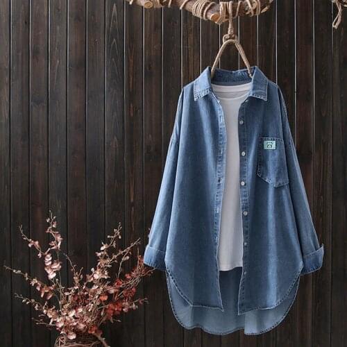 Autumn Female Loose Denim Jackets Blue Blouses Women Pocket Long Sleeve Vintage Fashion Casual Shirt Jacket Coat Lady Tops
