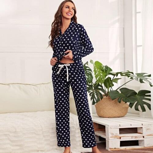 Womens Pajamas Star Polka Dot Lapel Cardigan Long Sleeve Lace Up Trousers Sleepwear Set Female Home Clothes Casual Homewear