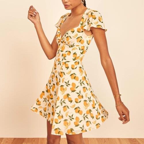 Women Dresses Summer 2021 Flutter Sleeve Lemon Print Mini Beach Dress Sweetheart Neck Twist Back Cut Out Fit Flare Short Dress