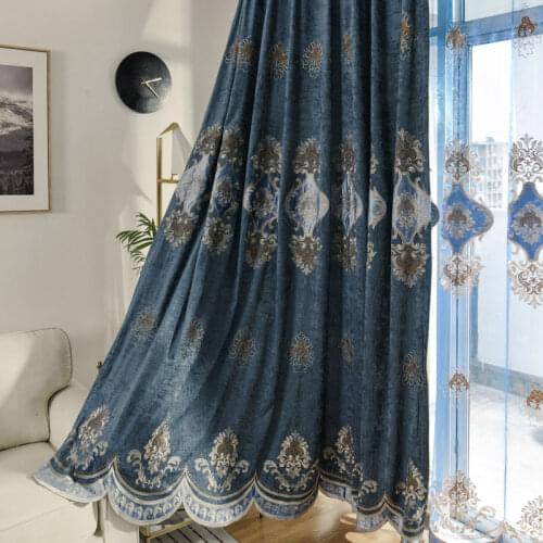 Romantic Blue Curtains for Living Room Delicate Embroidery European Luxury Chenille Gauze Lace Sliding Glass Door