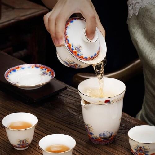 Luxury Enamel Tea Set Kung Fu Chinese White Afternoon Tea Set Luxury Gaiwan Ceramic Cups Office Jogo De Xicaras Drinkware EF60CJ