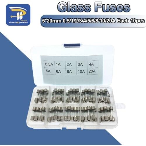 100pcs/Set 5x20mm 5*20mm Glass Fuses 0.5/1/2/3/4/5/6/8/10/20A 250V Each 10Pcs Quick Blow Glass Tube Fuse Assorted Kits Fast-blow