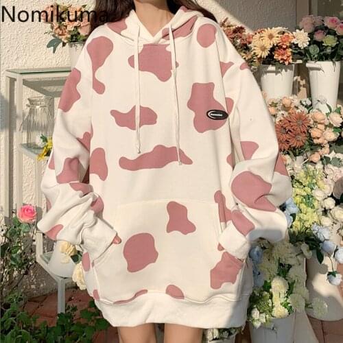 Nomikuma Hooded Hoodies Women Printed Elegant Sweet Tops Casual Loose Long Sleeve Outerwear Autumn New Sweatshirt Female 3d815