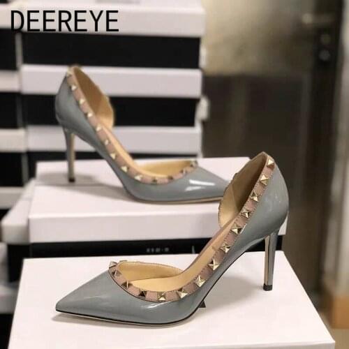 Rivet Patent Leather High Heel Pointed Toe Stiletto Pumps Womens Autumn Shoes With Elegant Wedding Office 2021 Luxury Brand