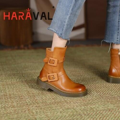 HARAVAL Women Ankle Boots Shoes High Heels Round Toe Motorcycle Boots Black Brown Genuine Leather Solid Spring Autumn E364L