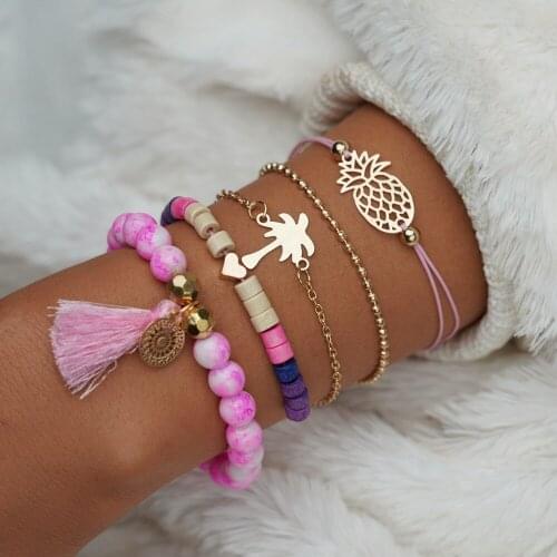 Bohemian Pink Tassel Beads Bracelets for Women 5 PCS/Set Pineapple Heart Coconut Tree Multilayer Bracelet Jewelry Gift Bracelet
