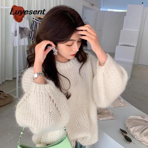 Vintage Lady Elegant Pullover Sweater Autumn Winter Women Long Lantern Sleeve Knit Pull Sweaters Korean Fashion Clothes 5 Colors