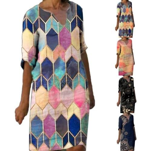 2021 Printed V-neck Womens Dress Summer Loose Center Vest Dress Sexy A-line Beach Dress XL Sun Dress