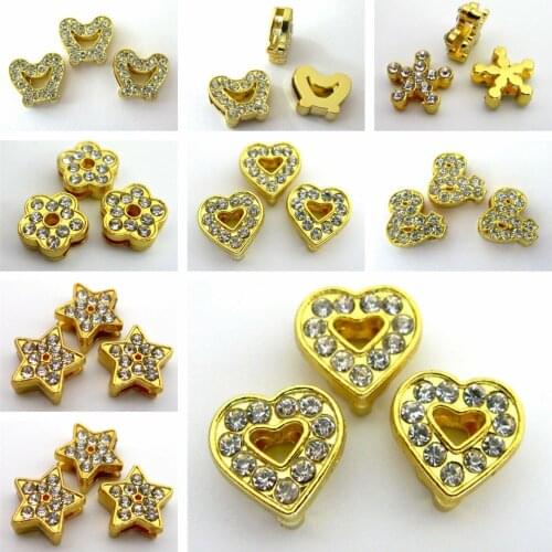 10pcs/lot Gold Color Crystal Heart Internal Dia 8mm Slide Charm DIY Accessories Fit 8mm Wide Belt Pet Collar