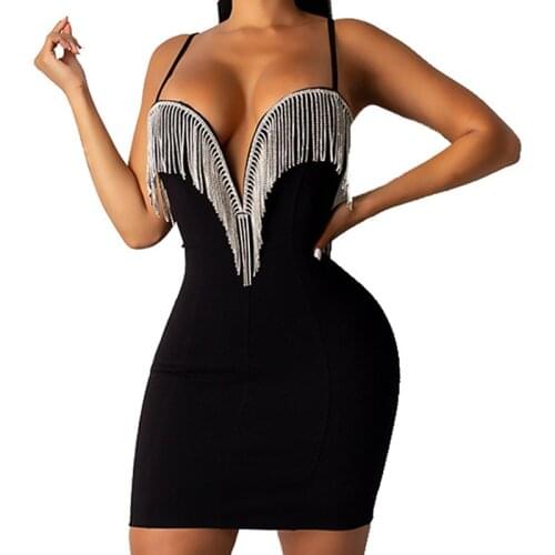 2020 High Quality Crystal Tassel Sleeveless Celebrity Rayon Bandage Dress Party Bodycon Dress