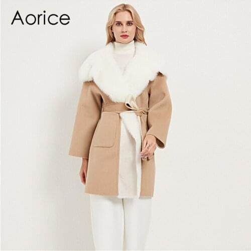 Aorice Women Real Fur Coat With Natural Sheep Fur Collar Lady Female Girl Winter Blet X-long Trench Parka CT033