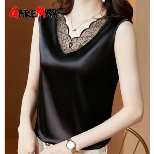 Beautiful Blouses Woman Summer 2021 Sleeveless Plus Size Basic Chiffon V Neck Female Top Silk Satin Blouse for Women Office