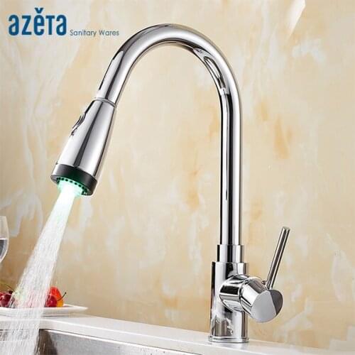 Azeta LED Pull Out Kitchen Tap Chrome Brass Kitchen Mixer 2 Way Water Outlet Kitchen Tap Single Handle Kitchen Faucet MK9824LD