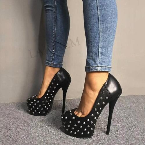 LAIGZEM 2020 Women Pumps Platform Stiletto Heels Punk Cool Rivets Summer Autumn Club Shoes Woman Zapatos Mujer Large Size 34-52