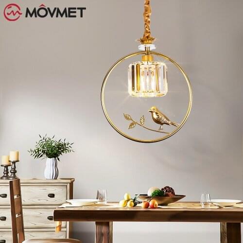 Copper LED Pendant Lamp With Birds DECO Crystal E27 Hardware Bedroom Livingroom Diningroom Study Metal Home Lighting Fixture