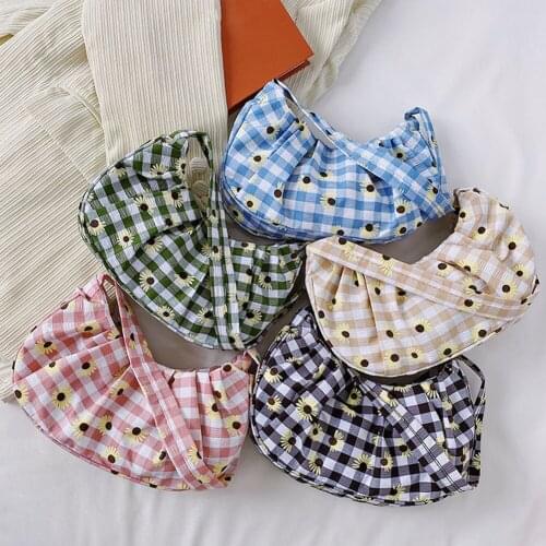 Fashion Women Plaid Daisy Printing Shoulder Bags Pleated Canvas Underarm Hobos Bag Casual All-match Ladies Small Handbags Purses
